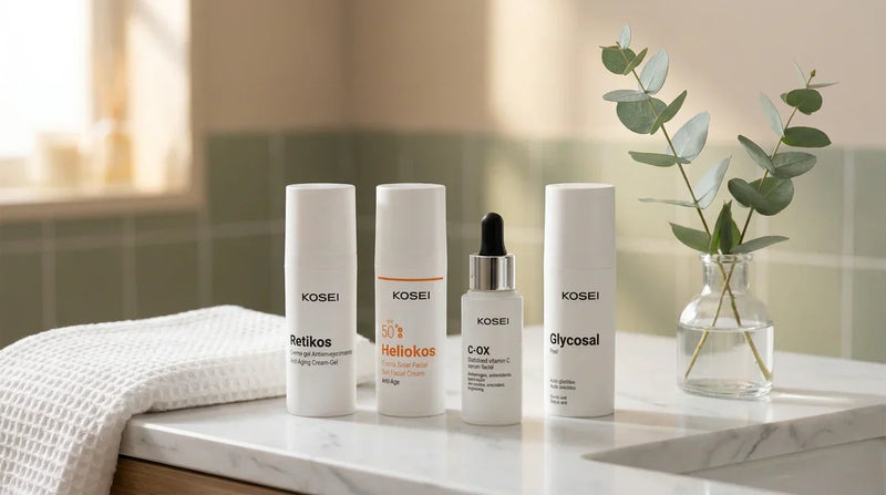 Encimera de baño con productos reales Kosei: sérum, crema, protector solar y peeling