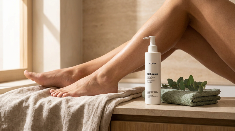 Piernas descansando tras el deporte junto al gel frío Kosei GEL RELAX para piernas cansadas