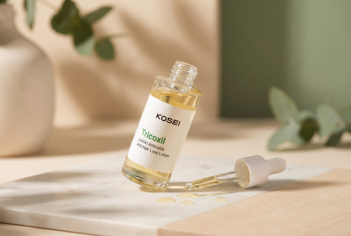 Bodegón editorial de la loción anticaída Kosei Tricoxil sobre superficie neutra