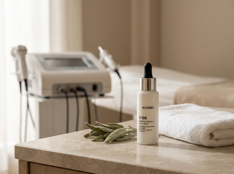 Bodegón editorial de serum Kosei junto a equipo de electroporación en cabina de estética