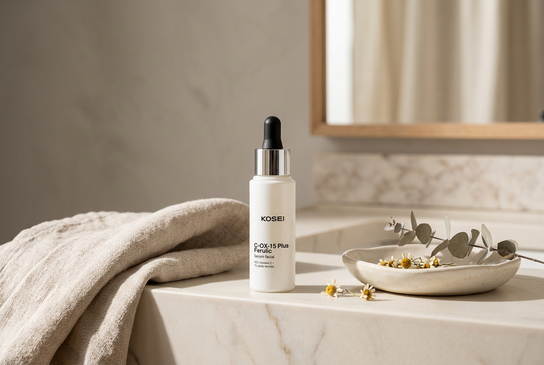 Bodegón editorial con el sérum C-OX-15 Plus Ferulic de Kosei en un baño de tonos neutros, ambiente sereno