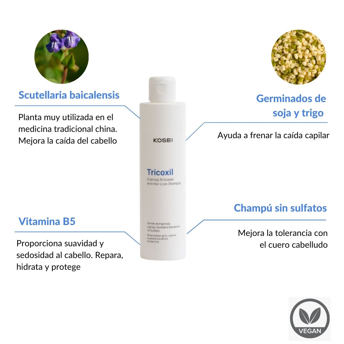 Ingredientes del champú Tricoxil para la caida del pelo