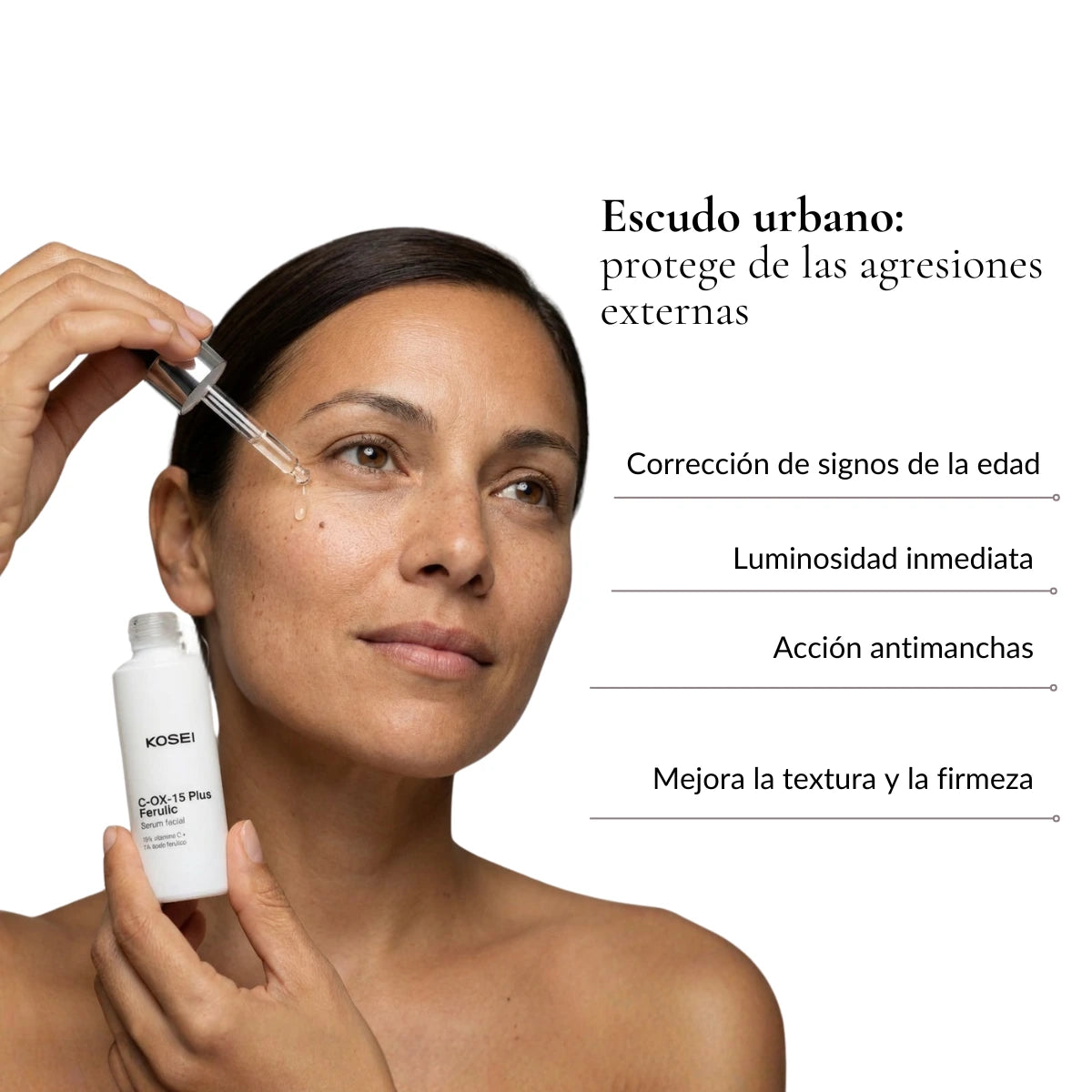 que hace el serum de vitamina C y ácido ferúlico en la piel Kosei C-OX-15 plus ferulic